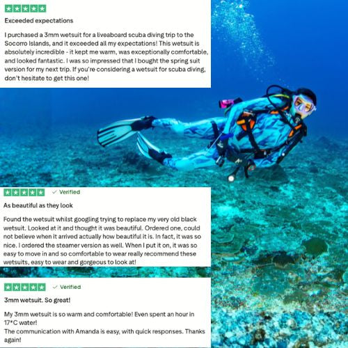 Person scuba diving in BOLDE wetsuit steamer with positive reviews displayed above.