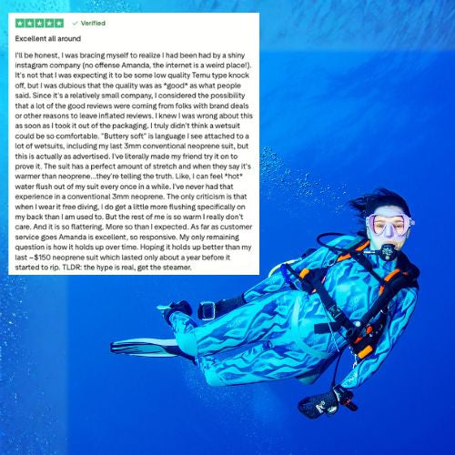 Person underwater wearing a BOLDE steamer wetsuit with positive review