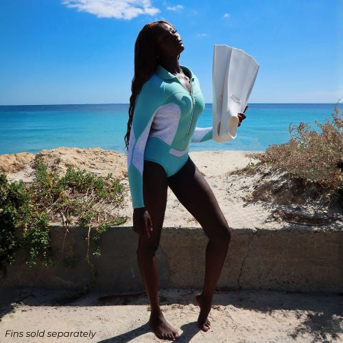 Blue White Turquoise ladies springsuit white fins