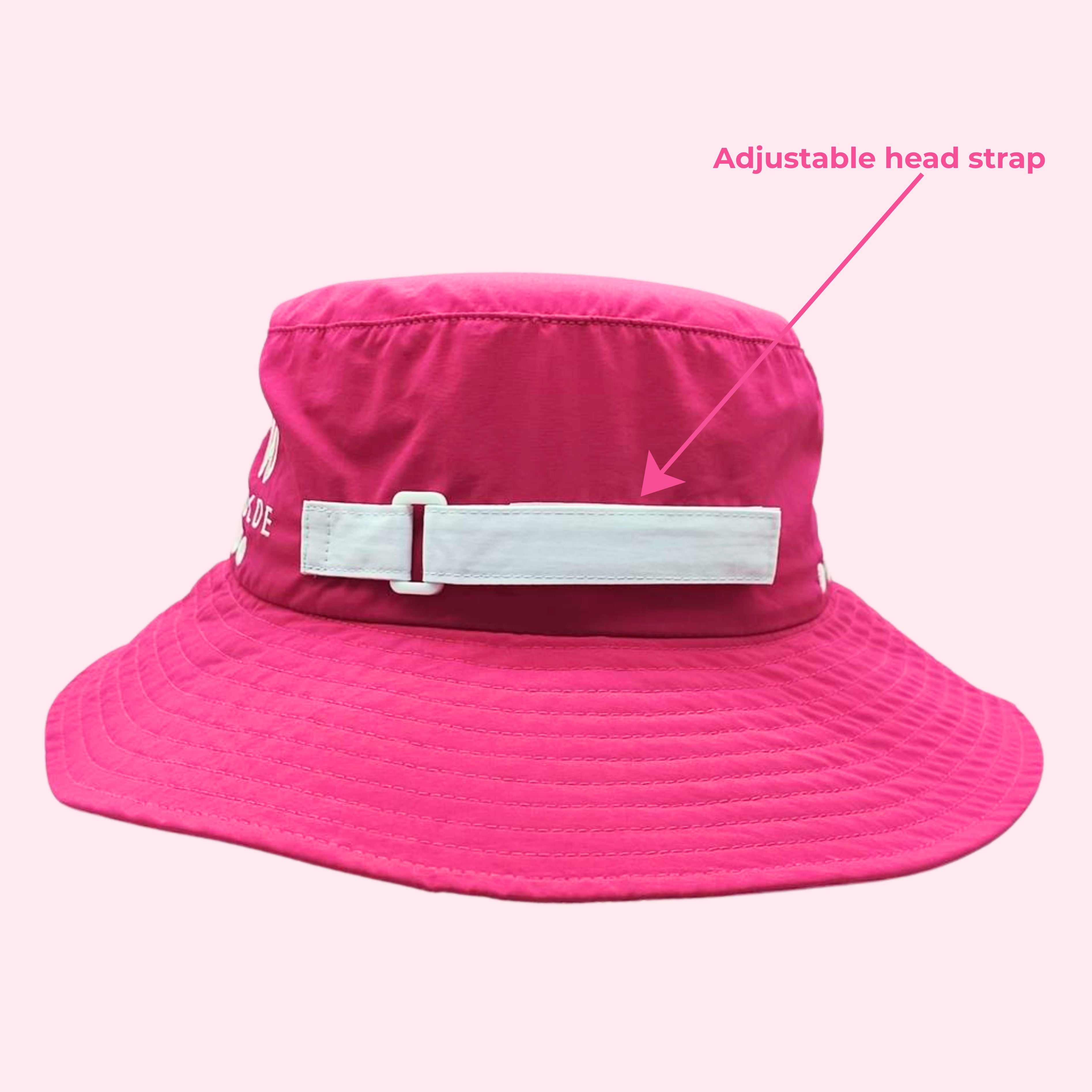 BOLDE beach hat in pink with a white adjustable head strap