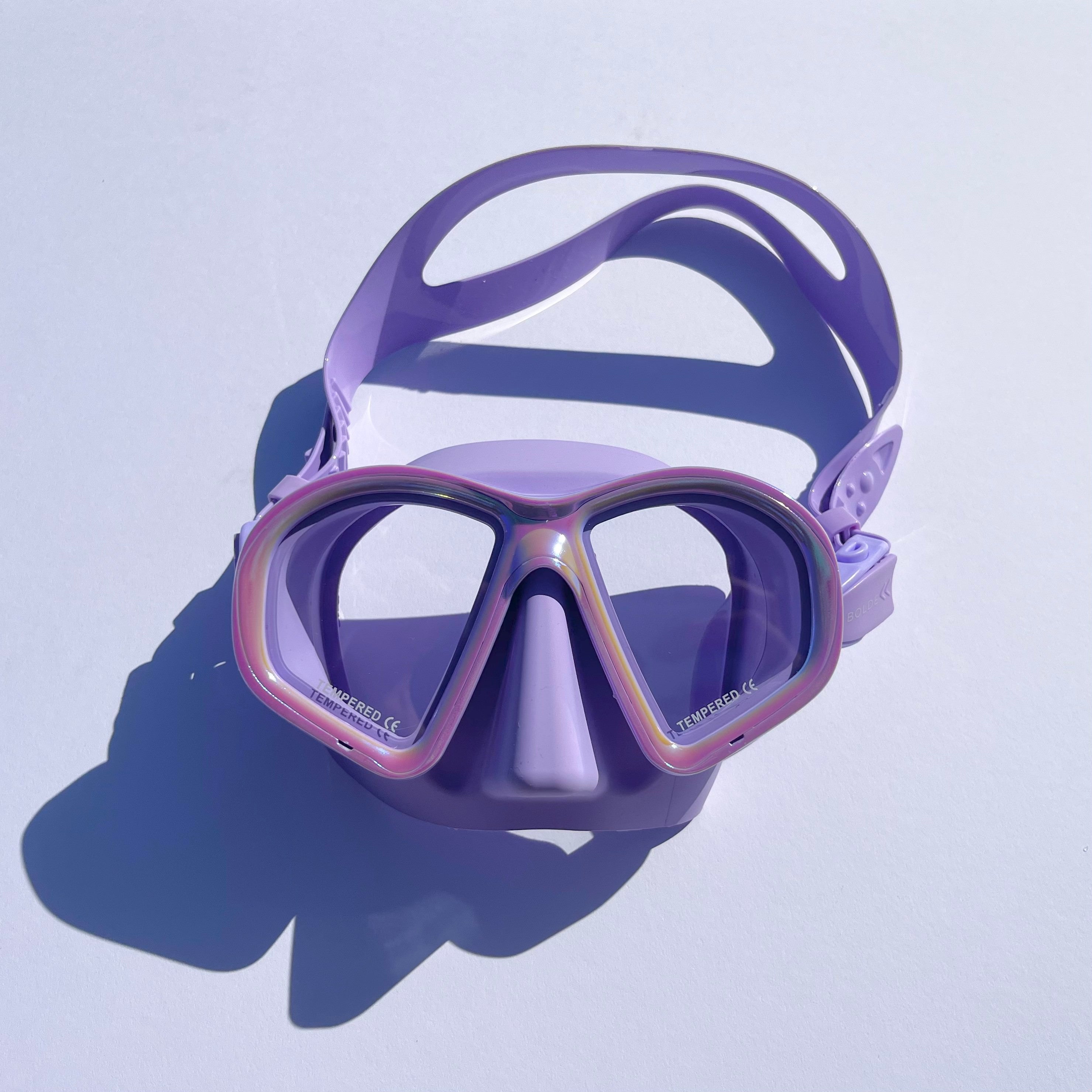 BOLDE purple lavender double lens soft silicone snorkel mask with prescription lens compatibility