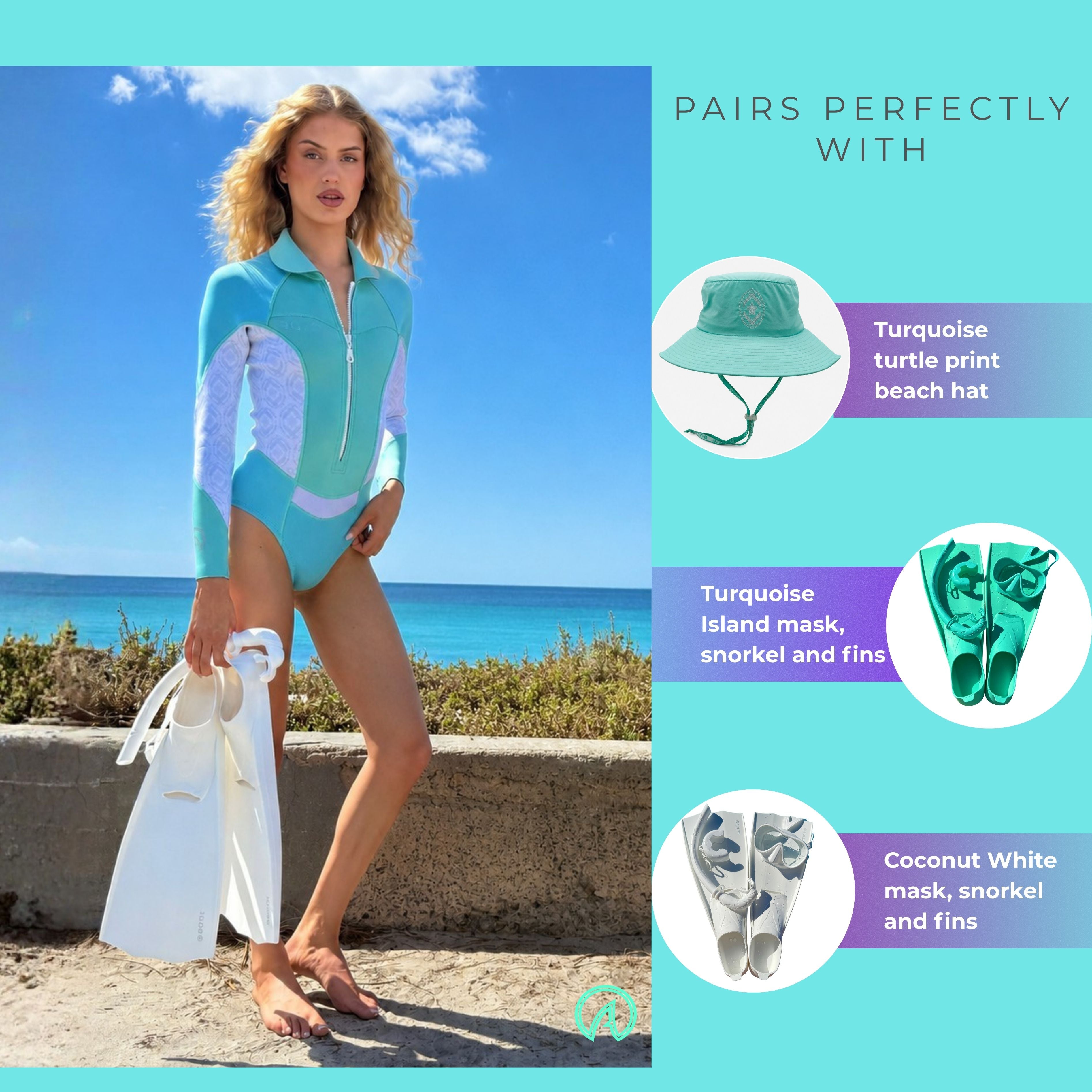Blue & Turquoise BOLDE Springsuit and matching dive accessories