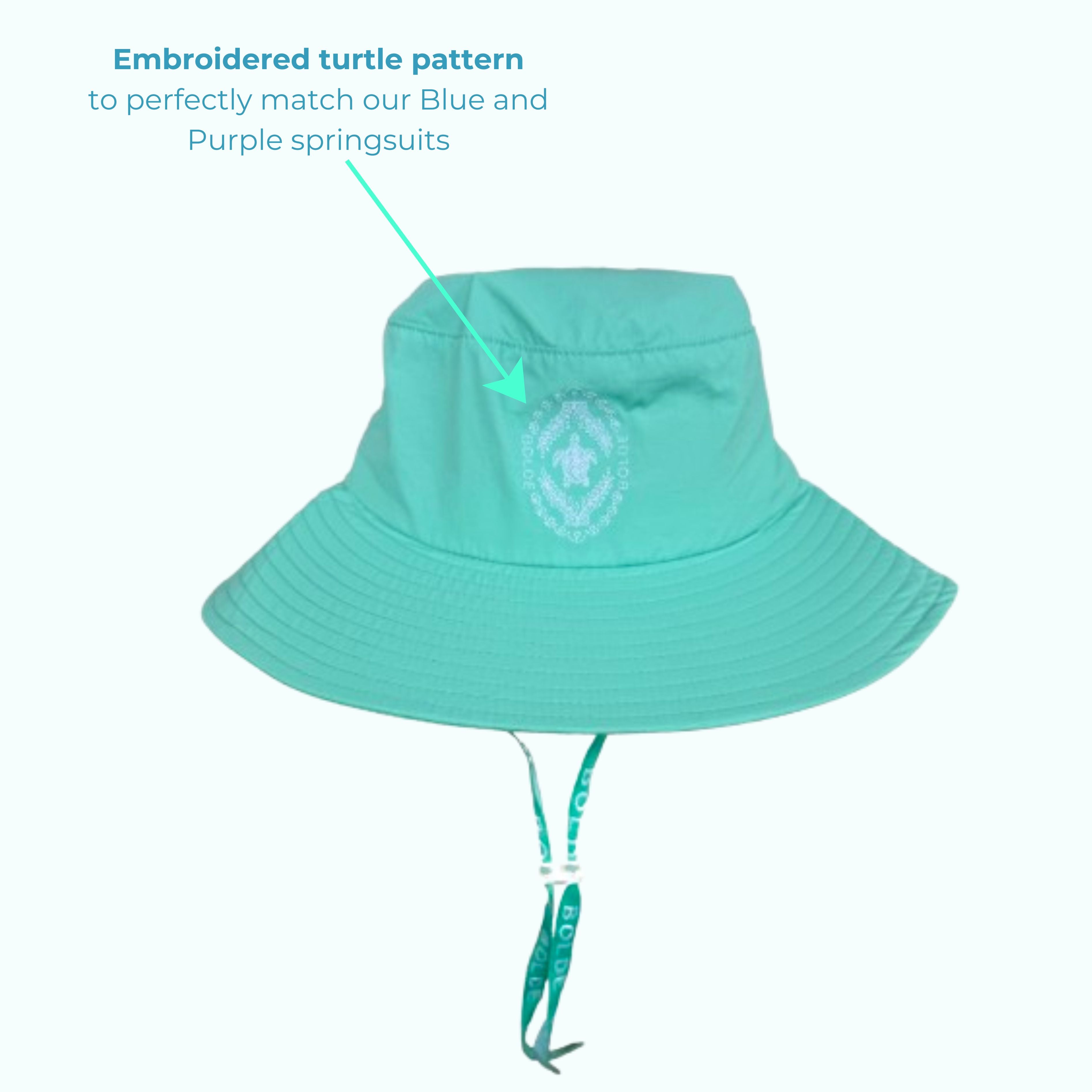 BOLDE beach hat in turquoise with embroidered turtle pattern