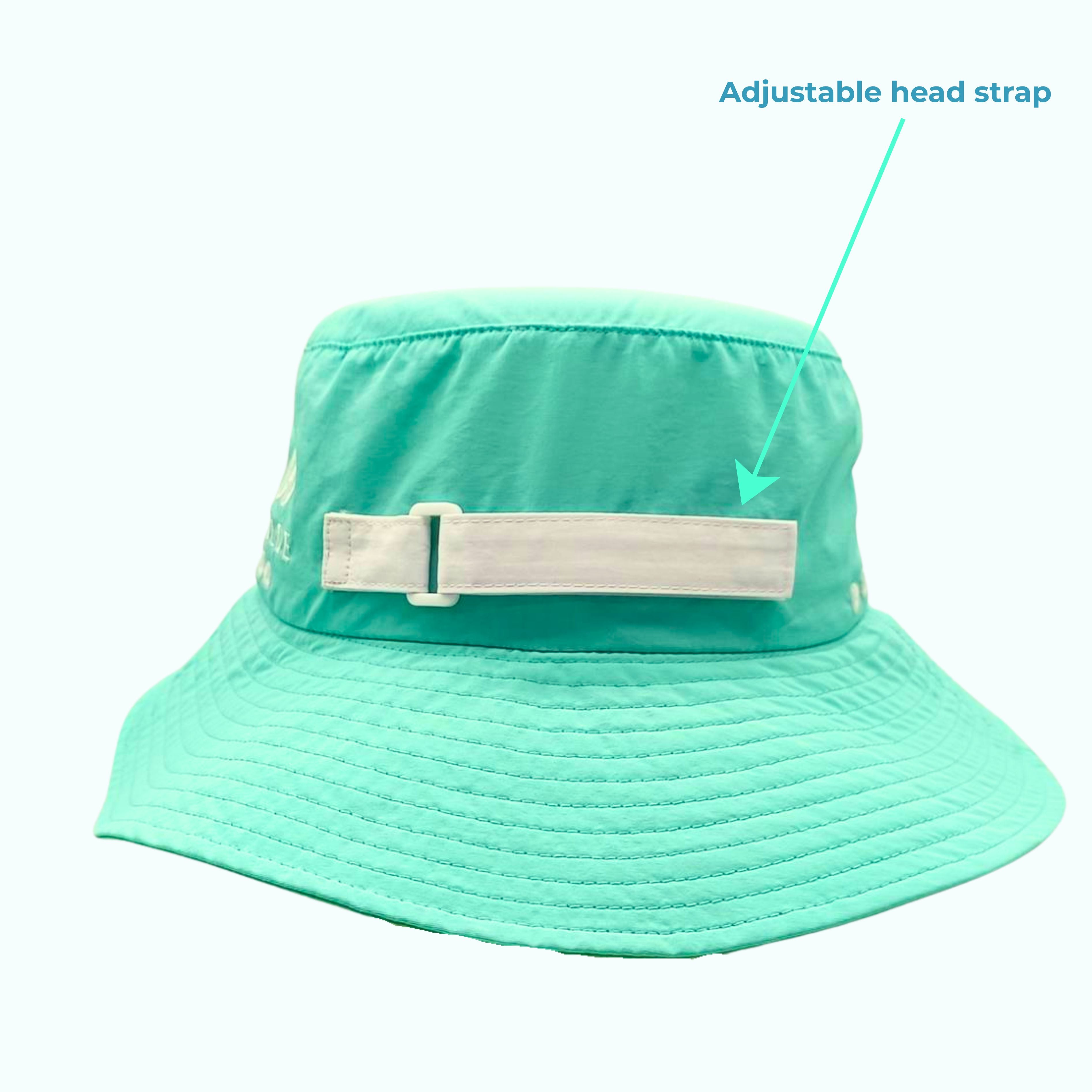 BOLDE beach hat in turquoise with a white adjustable head strap