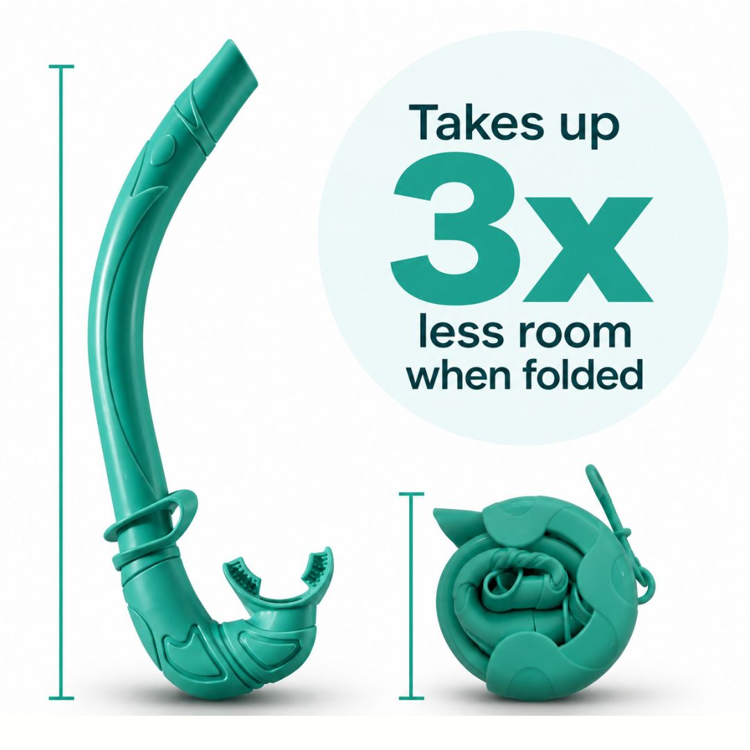 A teal curved snorkel shown upright on a white background, with a folded version beside it and text reading 'Takes up 3x less room when folded.' 