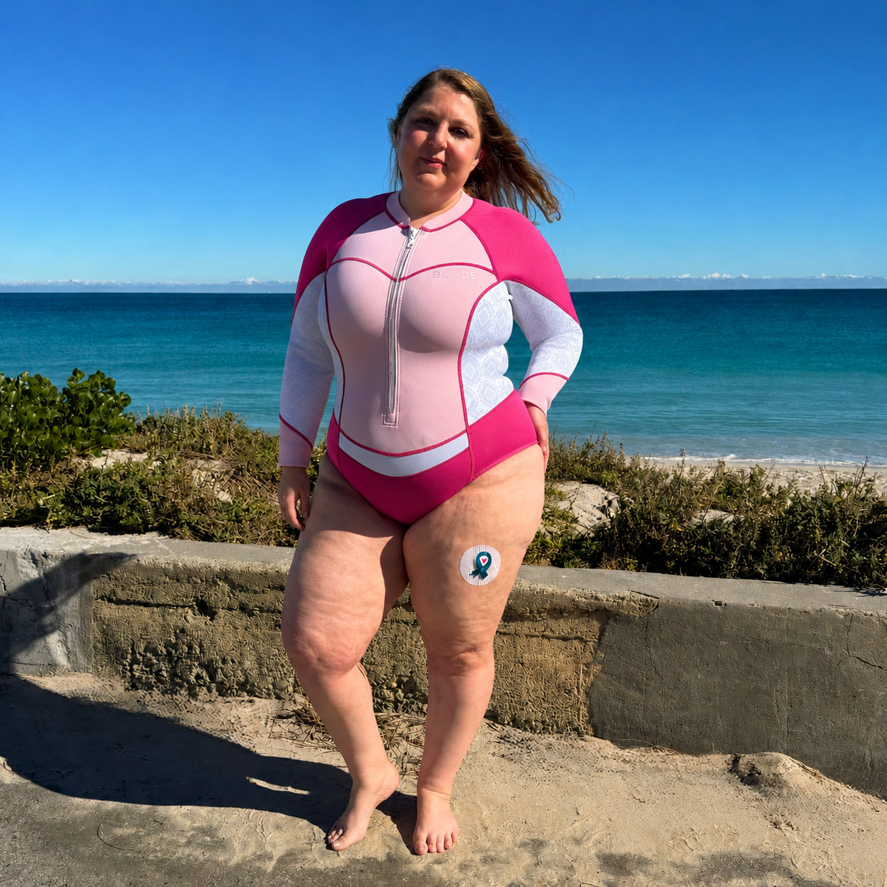 Woman in Pink & white BOLDE springsuit 