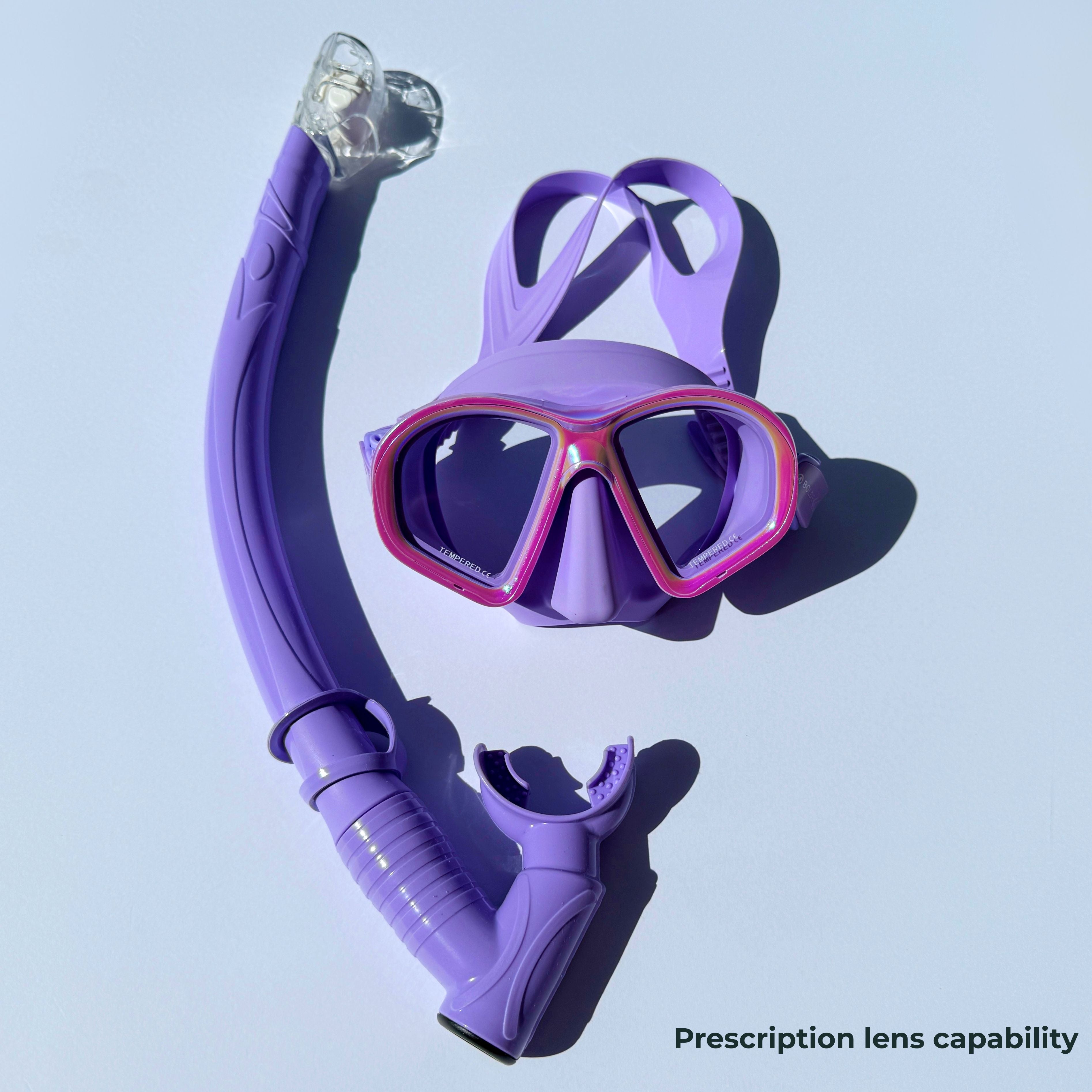 BOLDE Purple snorkel and mask set with prescription lens capability