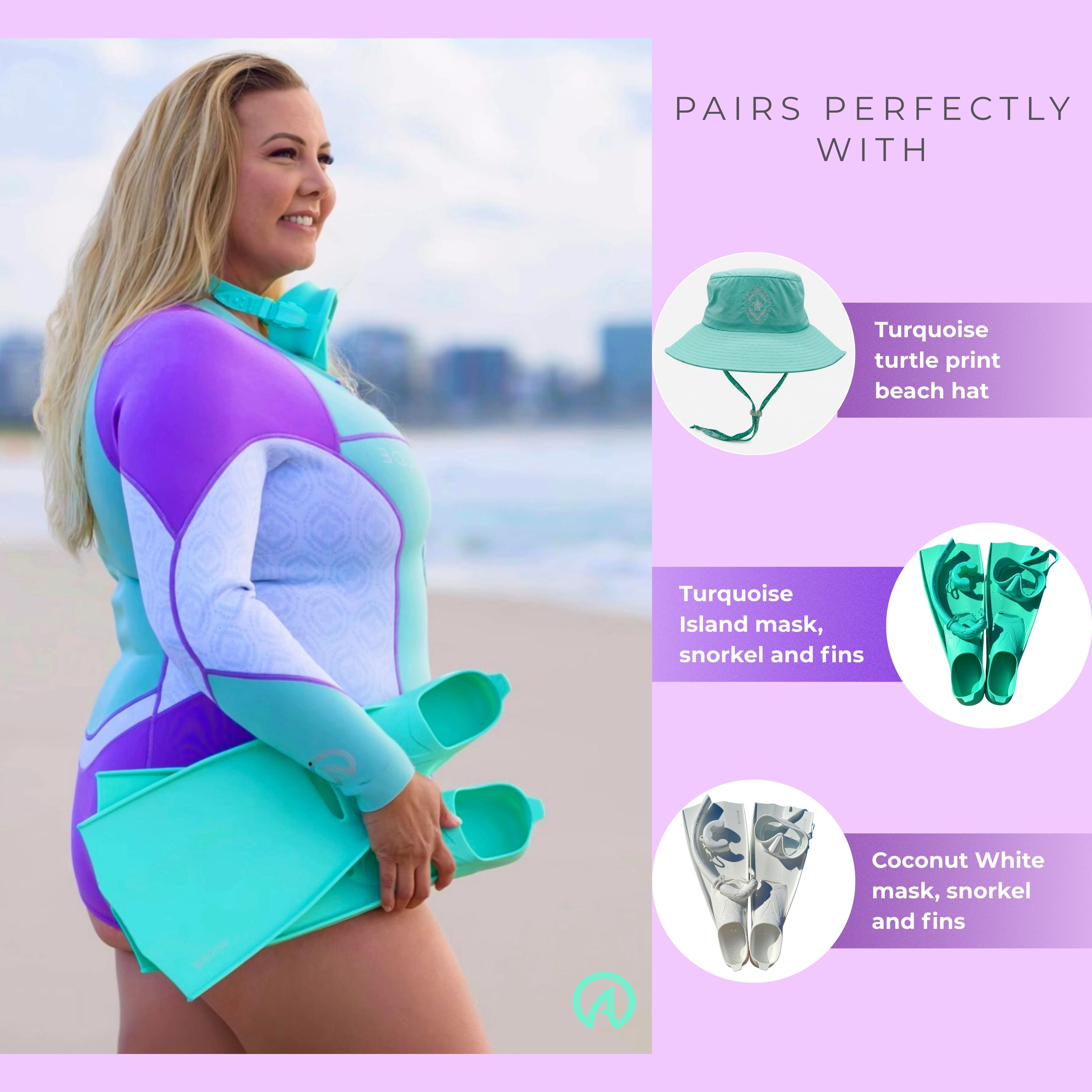 Purple & Turquoise BOLDE Springsuit and matching dive accessories 