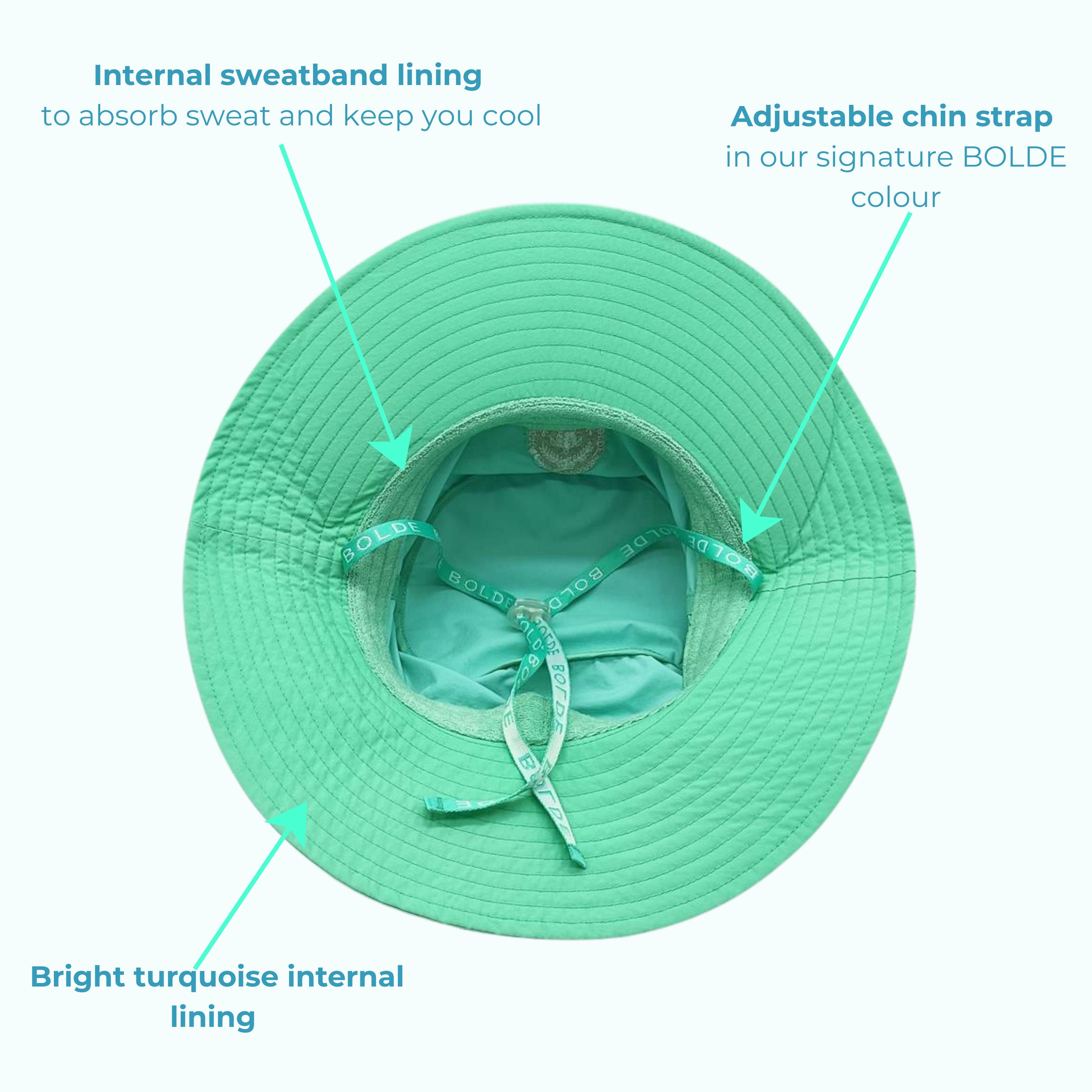 BOLDE beach hat in turquoise with features highlighted